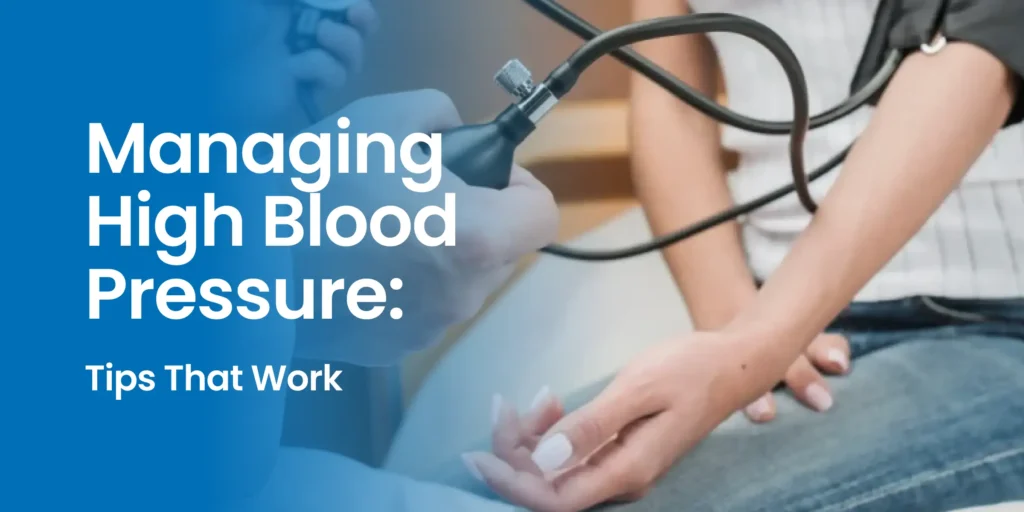 Doctor measuring a patient’s blood pressure with a sphygmomanometer, managing high blood pressure tips.