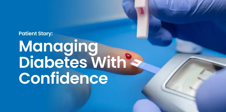 Healthcare professional checking blood sugar level using a glucose meter – managing diabetes with confidence.
